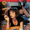 Woman with short dark hair lies on a bed holding a cigarette, with a gun, magazine, and pack of cigarettes in front of her. Text at top reads Pulp Fiction, referencing the iconic 1994 movie. Movie poster print available in A1 to A4 sizes.