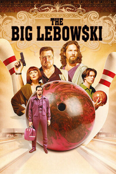 Poster for the 1998 movie The Big Lebowski, featuring main characters standing before a giant bowling ball and pins, with the films title prominently displayed at the top. Movie poster print available in A1 to A4 sizes.