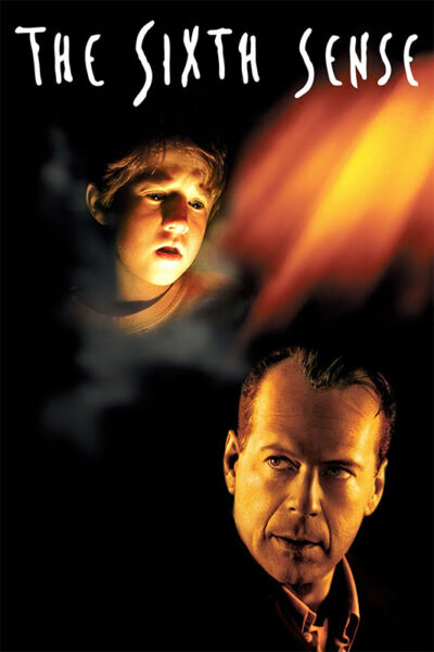 Movie poster for the psychological thriller The Sixth Sense featuring a young boy illuminated by a mysterious light above a man’s serious face, with the title at the top. Movie poster print available in A1 to A4 sizes.