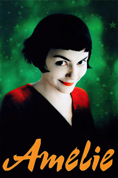 A woman with short dark hair and a red top smiles slyly against a green, starry background—a nod to the iconic 2001 movie Amélie, with the title in yellow script at the bottom. Movie poster print available in A1 to A4 sizes.