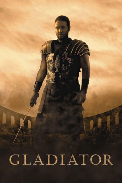 A man in Roman armour holding a sword stands before a colosseum, evoking the epic spirit of the Gladiator film, with the word GLADIATOR boldly displayed below him. Movie poster print available in A1 to A4 sizes.