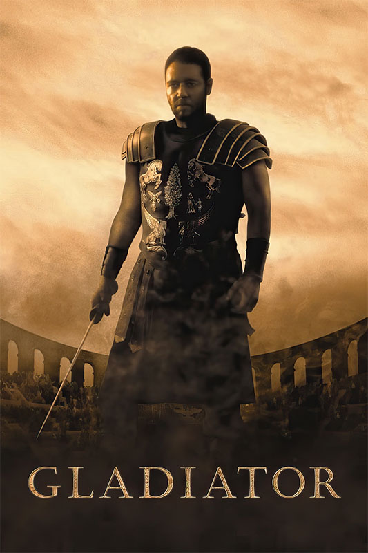 Product-Image_0003_Gladiator.jpg A man in Roman armour holding a sword stands before a colosseum, evoking the epic spirit of the Gladiator film, with the word GLADIATOR boldly displayed below him. Movie poster print available in A1 to A4 sizes.