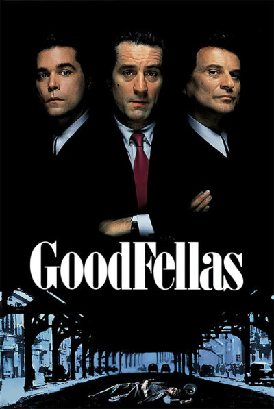 Three men in suits pose against a black background above the title GoodFellas, a classic 1990 movie crime film, with a street scene and a body lying on the ground below. Movie poster print available in A1 to A4 sizes.