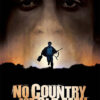 A man holding a briefcase and shotgun runs against an orange sky, with a large, shadowy face looming above and the crime thriller title No Country for Old Men below in this iconic 2007 movie scene. Movie poster print available in A1 to A4 sizes.