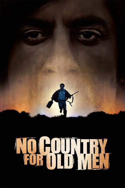 A man holding a briefcase and shotgun runs against an orange sky, with a large, shadowy face looming above and the crime thriller title No Country for Old Men below in this iconic 2007 movie scene. Movie poster print available in A1 to A4 sizes.