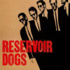 Five men in black suits and sunglasses walk together on a tan background with the bold red title Reservoir Dogs, the iconic 1992 film directed by Quentin Tarantino. Movie poster print available in A1 to A4 sizes.