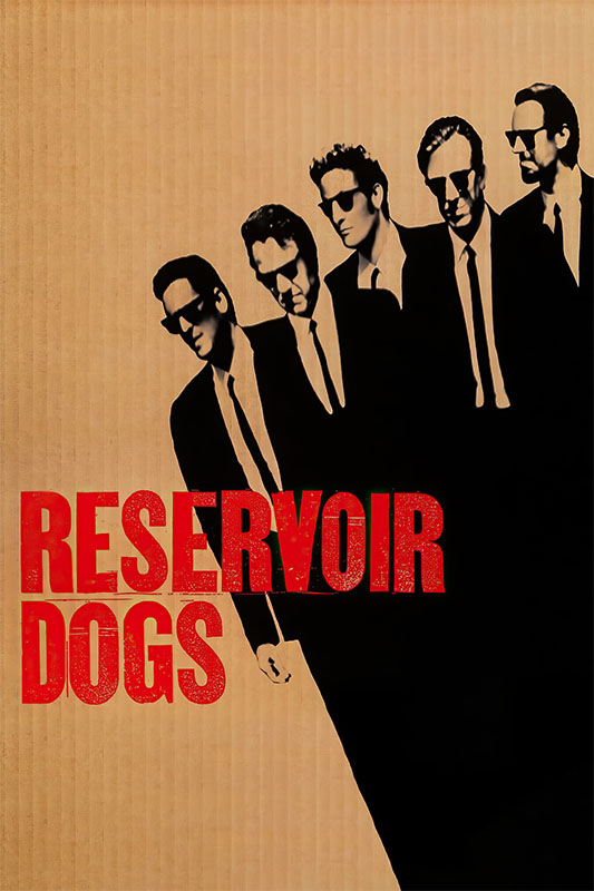 Product-Image_0003_Reservoir Dogs.jpg Five men in black suits and sunglasses walk together on a tan background with the bold red title Reservoir Dogs, the iconic 1992 film directed by Quentin Tarantino. Movie poster print available in A1 to A4 sizes.