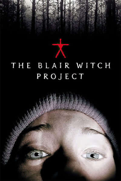 A close-up of a wide-eyed persons face in a beanie, with dark woods and the title The Blair Witch Project above, evokes the chilling found footage style of the 1999 horror movie, featuring a red stick figure symbol. Movie poster print available in A1 to A4 sizes.