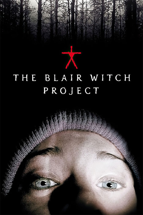 Product-Image_0003_The Blair Witch Project.jpg A close-up of a wide-eyed persons face in a beanie, with dark woods and the title The Blair Witch Project above, evokes the chilling found footage style of the 1999 horror movie, featuring a red stick figure symbol. Movie poster print available in A1 to A4 sizes.