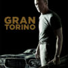 A man, played by Clint Eastwood, stands in front of a Ford Gran Torino holding a rifle, with the title Gran Torino from the 2008 movie displayed in large gold letters beside him. Movie poster print available in A1 to A4 sizes.