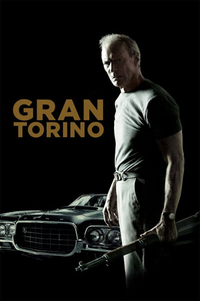 A man, played by Clint Eastwood, stands in front of a Ford Gran Torino holding a rifle, with the title Gran Torino from the 2008 movie displayed in large gold letters beside him. Movie poster print available in A1 to A4 sizes.