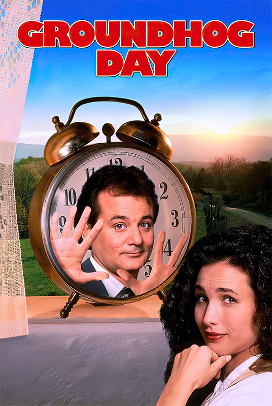 Product-Image_0004_Groundhog Day.jpg A man presses his hands against the glass of a large alarm clock while a woman looks on and smiles, with the text GROUNDHOG DAY at the top—an iconic scene from the 1993 movie starring Bill Murray. Movie poster print available in A1 to A4 sizes.
