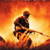 A soldier holding a rifle crouches in a fiery, smoke-filled battlefield with silhouettes of others in the background. The title The Thin Red Line appears above, evoking the intense atmosphere of the 1998 war film. Movie poster print available in A1 to A4 sizes.