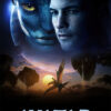 Movie poster for Avatar 2009 featuring a blue alien face and a human face side by side, with floating mountains and a flying creature against a planetary backdrop. The title Avatar is below. Movie poster print available in A1 to A4 sizes.