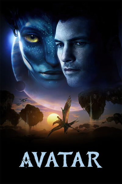 Movie poster for Avatar 2009 featuring a blue alien face and a human face side by side, with floating mountains and a flying creature against a planetary backdrop. The title Avatar is below. Movie poster print available in A1 to A4 sizes.