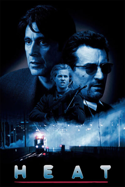 Movie poster for Heat featuring three men, one holding a rifle, with a cityscape and a train in the background. The title HEAT appears at the bottom. Movie poster print available in A1 to A4 sizes.