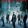 Six people stand on a city street with the word INCEPTION in red above; buildings in the background appear to be bending upwards, evoking a surreal scene from the 2010 movie Inception. Movie poster print available in A1 to A4 sizes.