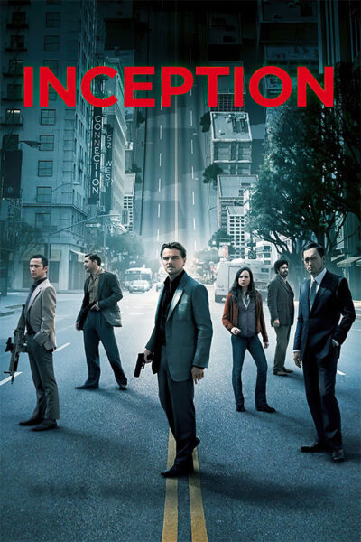 Six people stand on a city street with the word INCEPTION in red above; buildings in the background appear to be bending upwards, evoking a surreal scene from the 2010 movie Inception. Movie poster print available in A1 to A4 sizes.