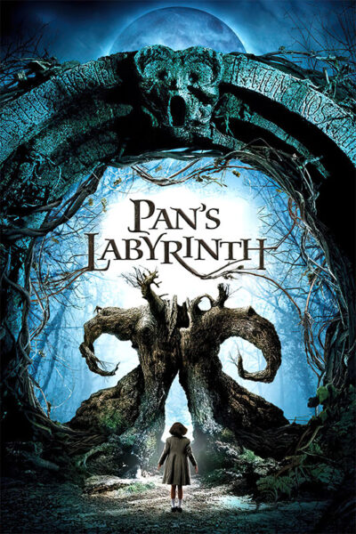 A young girl stands before a large, twisted tree archway with a skull design above, under a blue moonlit sky; text reads Pans Labyrinth, the acclaimed 2006 fantasy film. Movie poster print available in A1 to A4 sizes.