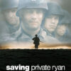 Movie poster for the 1998 war film Saving Private Ryan featuring four soldiers’ faces in helmets above a silhouette of a soldier walking, with the film title at the bottom. Movie poster print available in A1 to A4 sizes.