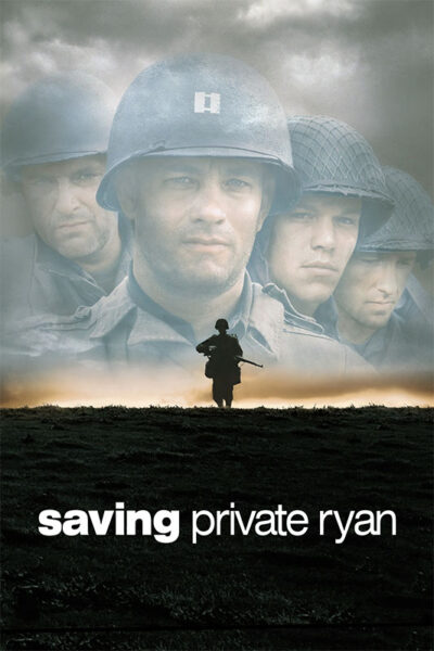Movie poster for the 1998 war film Saving Private Ryan featuring four soldiers’ faces in helmets above a silhouette of a soldier walking, with the film title at the bottom. Movie poster print available in A1 to A4 sizes.