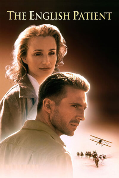 The movie poster for the 1996 film The English Patient shows a man in the foreground and a woman behind him, with a biplane flying over a desert landscape at the bottom. Movie poster print available in A1 to A4 sizes.