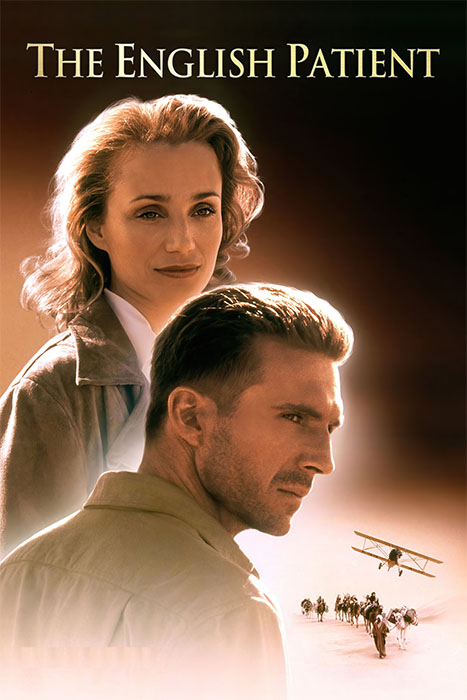 Product-Image_0005_The English Patient.jpg The movie poster for the 1996 film The English Patient shows a man in the foreground and a woman behind him, with a biplane flying over a desert landscape at the bottom. Movie poster print available in A1 to A4 sizes.
