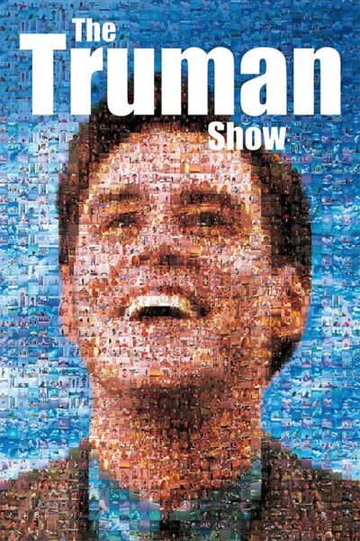 A mosaic-style 1998 movie poster for The Truman Show, featuring a smiling mans face composed of many smaller images from the film, with the title text at the top. Movie poster print available in A1 to A4 sizes.