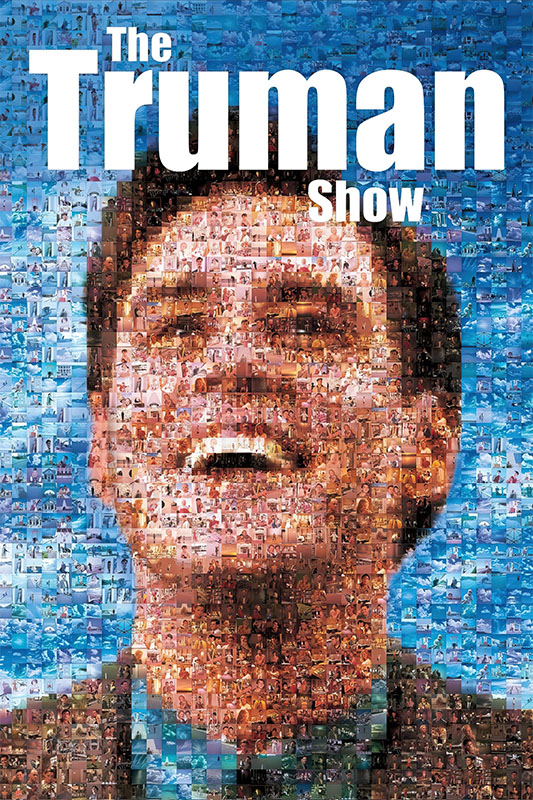 Product-Image_0005_The Truman Show.jpg A mosaic-style 1998 movie poster for The Truman Show, featuring a smiling mans face composed of many smaller images from the film, with the title text at the top. Movie poster print available in A1 to A4 sizes.