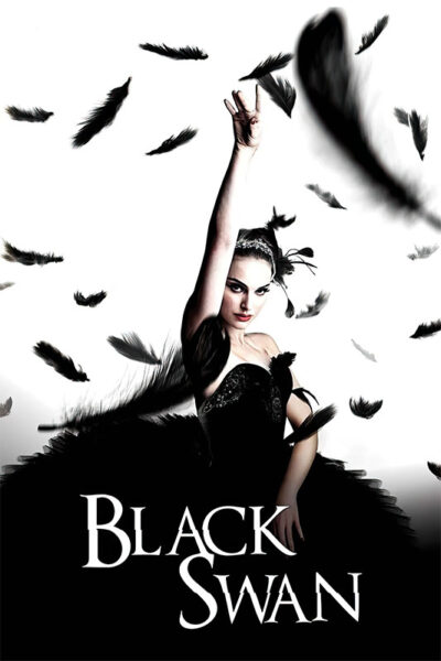 A woman in a black dress with feathers poses dramatically with one arm raised amid falling black feathers; the words Black Swan, inspired by the 2010 movie psychological thriller, appear at the bottom. Movie poster print available in A1 to A4 sizes.