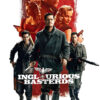 Three armed men march forward with determined expressions; behind them are two women and a Nazi officer, with the title Inglourious Basterds at the bottom—an iconic scene from Quentin Tarantino’s 2009 movie. Movie poster print available in A1 to A4 sizes.