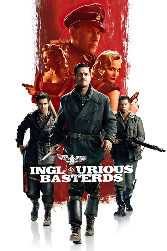 Product-Image_0006_Inglourious Basterds.jpg Three armed men march forward with determined expressions; behind them are two women and a Nazi officer, with the title Inglourious Basterds at the bottom—an iconic scene from Quentin Tarantino’s 2009 movie. Movie poster print available in A1 to A4 sizes.