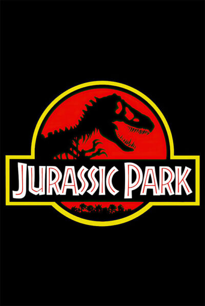 The Jurassic Park movie logo features a black dinosaur skeleton silhouette inside a red and yellow circle, with JURASSIC PARK written in bold white letters below—iconic since its 1993 debut. Movie poster print available in A1 to A4 sizes.