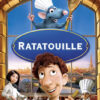 Poster for the 2007 animated film Ratatouille, featuring a rat in a chef’s hat above three chefs, with Paris and the Eiffel Tower in the background. Movie poster print available in A1 to A4 sizes.