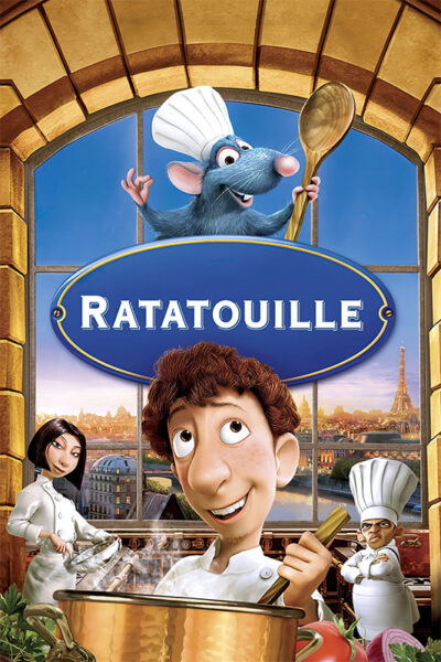 Poster for the 2007 animated film Ratatouille, featuring a rat in a chef’s hat above three chefs, with Paris and the Eiffel Tower in the background. Movie poster print available in A1 to A4 sizes.