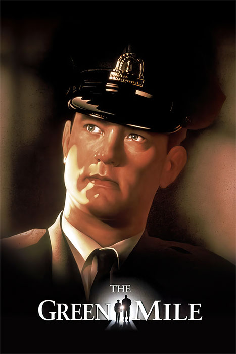 A man in a police officer uniform looks upward in dim lighting. The text The Green Mile (1999) appears at the bottom of the image. Movie poster print available in A1 to A4 sizes.
