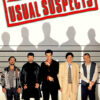 Five men stand in front of a police lineup backdrop under the bold red title The Usual Suspects, capturing an iconic moment from the 1995 thriller. Movie poster print available in A1 to A4 sizes.