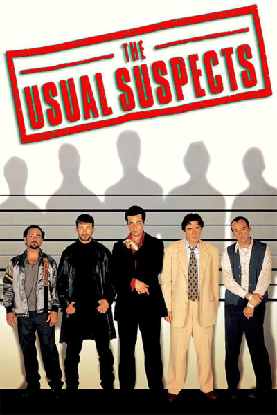 Five men stand in front of a police lineup backdrop under the bold red title The Usual Suspects, capturing an iconic moment from the 1995 thriller. Movie poster print available in A1 to A4 sizes.