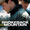 Two men in cowboy hats stand back to back against a mountain and lake backdrop, with Brokeback Mountain overlaid—an iconic scene from the 2005 movie. Movie poster print available in A1 to A4 sizes.