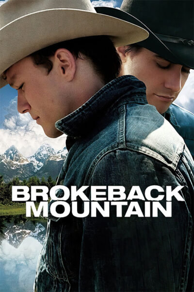 Two men in cowboy hats stand back to back against a mountain and lake backdrop, with Brokeback Mountain overlaid—an iconic scene from the 2005 movie. Movie poster print available in A1 to A4 sizes.