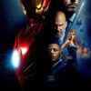 Movie poster for the 2008 Marvel film Iron Man featuring Iron Man’s suit, Tony Stark, and other main characters, with jets and explosions in the background and the title at the bottom. Movie poster print available in A1 to A4 sizes.