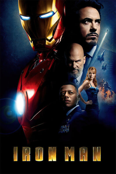 Movie poster for the 2008 Marvel film Iron Man featuring Iron Man’s suit, Tony Stark, and other main characters, with jets and explosions in the background and the title at the bottom. Movie poster print available in A1 to A4 sizes.
