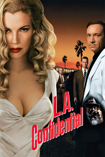 Movie poster for the 1997 movie L.A. Confidential, a gripping crime thriller, featuring a woman in a white dress, three men in suits, palm trees, and the Hollywood sign in the background. Movie poster print available in A1 to A4 sizes.