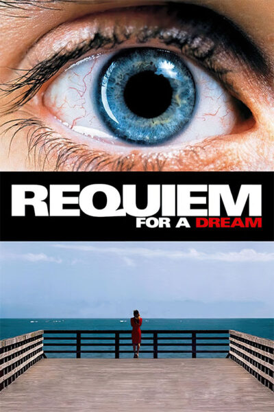 A close-up of a blue eye above the text Requiem for a Dream movie, with a person in red standing alone on a pier overlooking the ocean. Movie poster print available in A1 to A4 sizes.