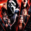 Poster for the 1996 horror movie Scream featuring the masked Ghostface with a knife, split by red slashes, and several serious-faced characters in the background. Movie poster print available in A1 to A4 sizes.