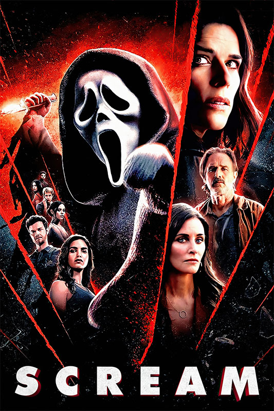 Product-Image_0007_Scream.jpg Poster for the 1996 horror movie Scream featuring the masked Ghostface with a knife, split by red slashes, and several serious-faced characters in the background. Movie poster print available in A1 to A4 sizes.
