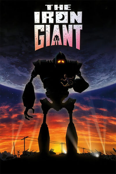A large robot stands in front of a colourful sunset sky with The Iron Giant title above; a small human figure is visible in the robot’s hand from the beloved 1999 animated movie. Movie poster print available in A1 to A4 sizes.