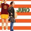 A teenage boy in athletic wear stands next to a pregnant teenage girl in casual clothes against an orange and white striped background with the word Juno. Movie poster print available in A1 to A4 sizes.