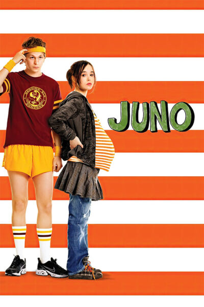 A teenage boy in athletic wear stands next to a pregnant teenage girl in casual clothes against an orange and white striped background with the word Juno. Movie poster print available in A1 to A4 sizes.