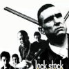 Five men stand closely together, one holding two shotguns. This black and white image features Lock Stock and Two Smoking Barrels at the bottom in bold text, referencing the iconic 1998 movie. Movie poster print available in A1 to A4 sizes.